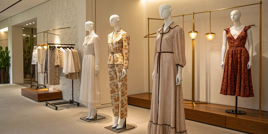 Tenues complètes femme élégantes et variées présentées sur des mannequins en boutique.