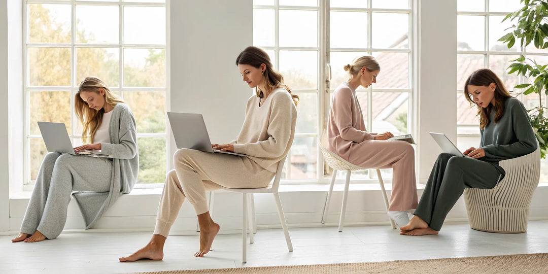 Quatre femmes en ensemble loungewear pour le télétravail avec un ordinateur.