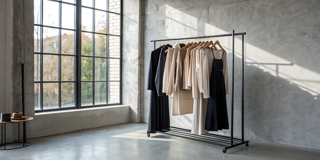 Sélection de vêtements femme sur un portant pour obtenir un effet ventre plat.