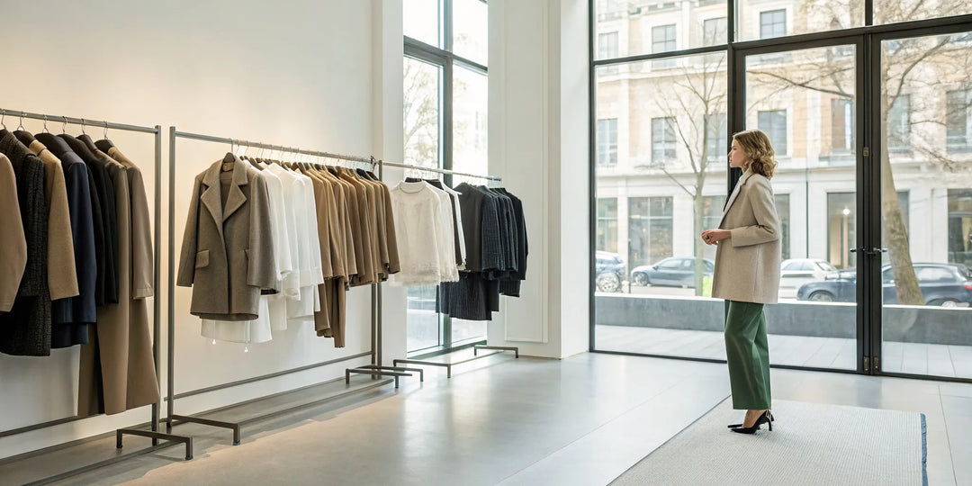 Vêtements tendance pour femme à acheter en boutique, avec une sélection de blazers et manteaux.