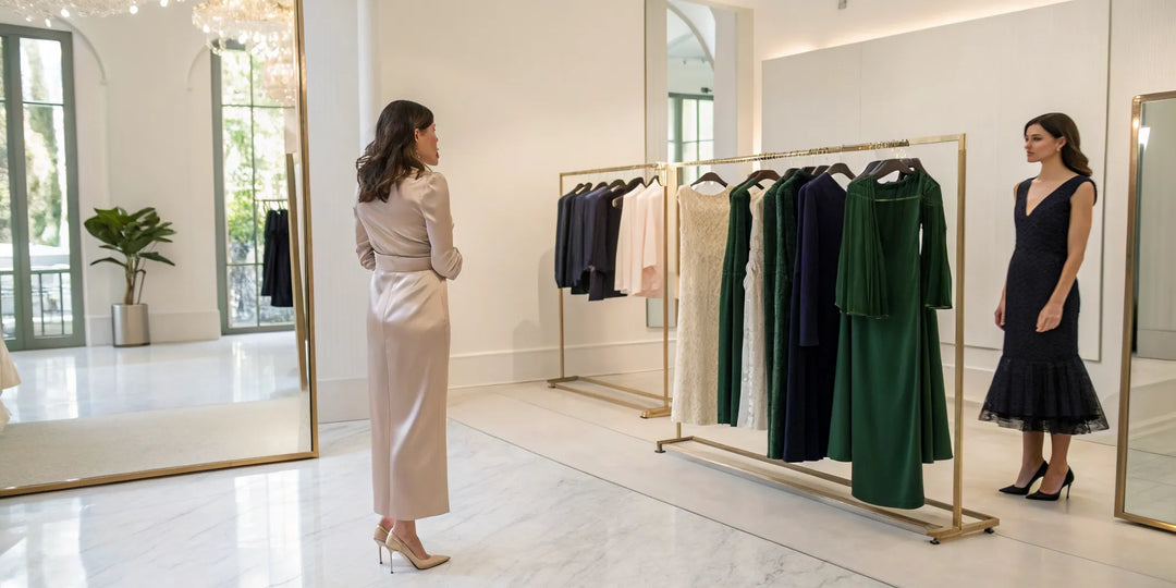Femme dans une boutique pour acheter une tenue de cérémonie élégante.