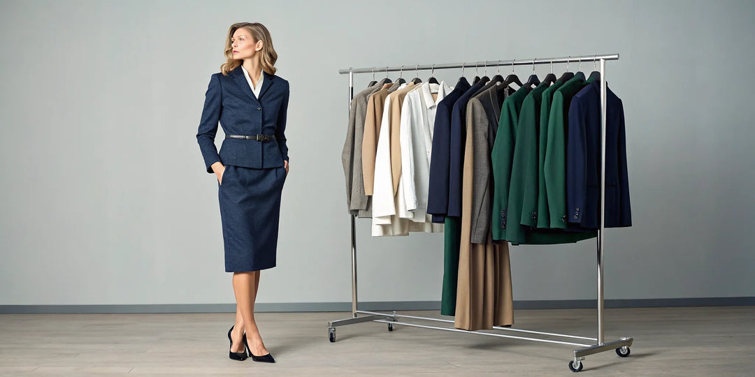 Acheter des vêtements adaptés à sa morphologie en X comme ce tailleur cintré bleu.