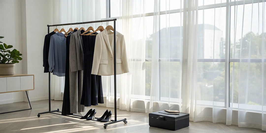 Aide pour choisir une tenue d'événement avec une sélection de robes et tailleurs sur un portant.