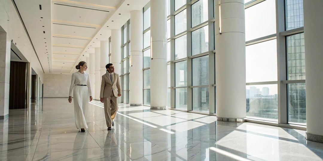 Two people wearing stylish kaftans in a modern, sunlit hallway.