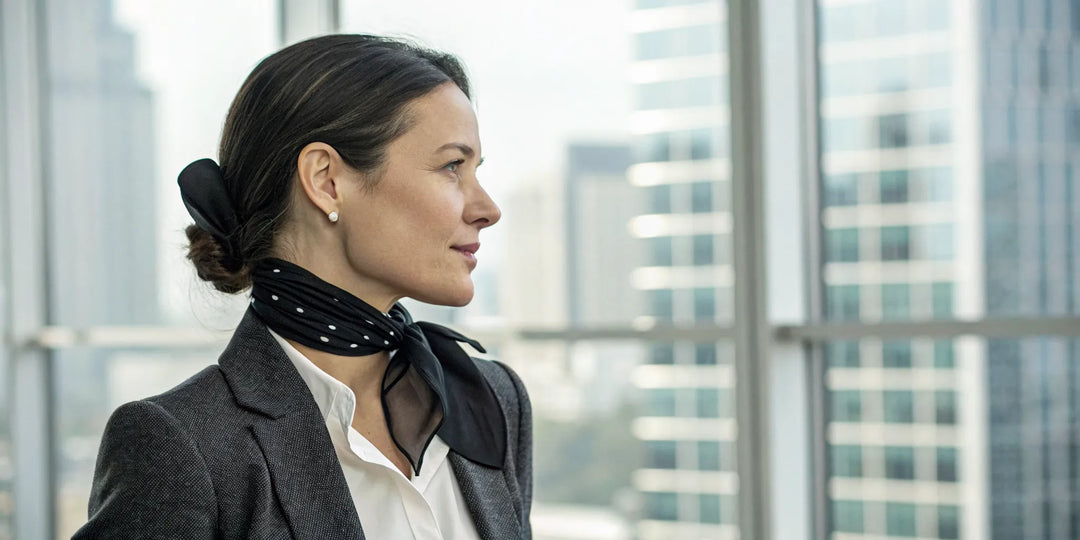Femme portant un bandana noir autour du cou avec une veste pour un look chic et moderne.