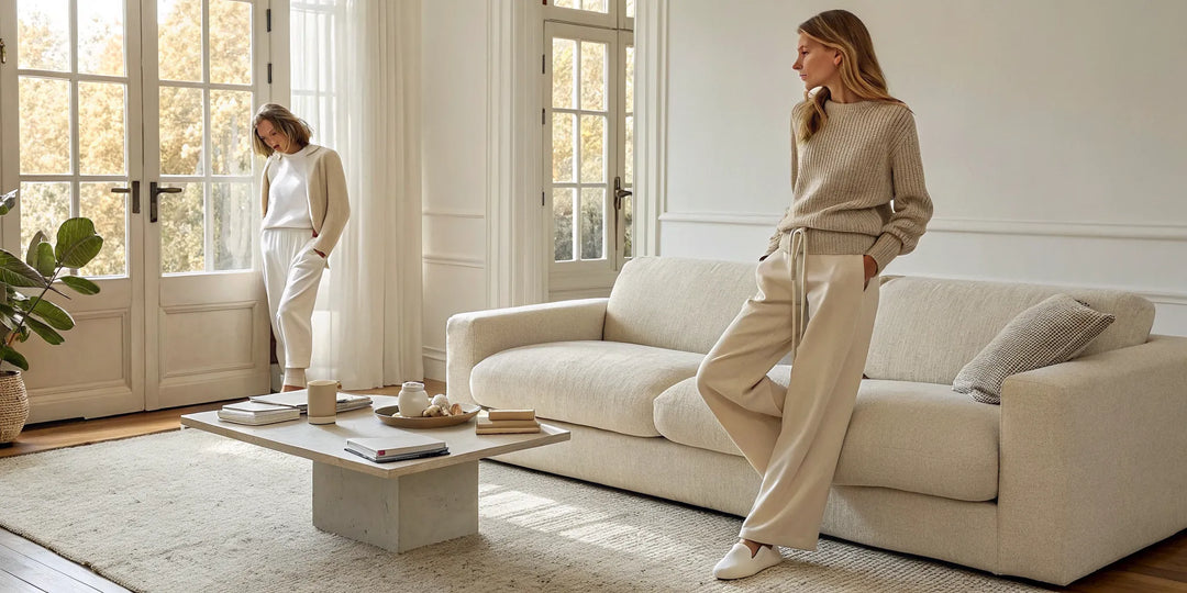 Two women wearing the best chic loungewear sets in stylish, neutral colors.