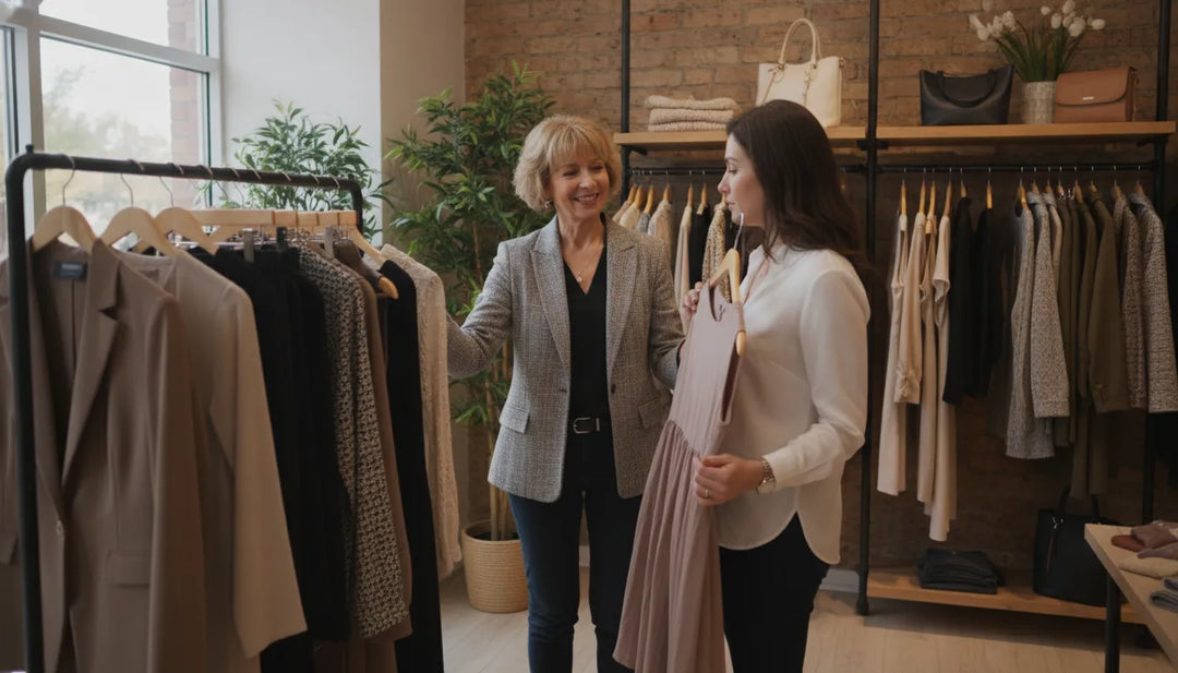 Cliente conseillée selon sa silhouette dans une boutique pour femmes au Québec