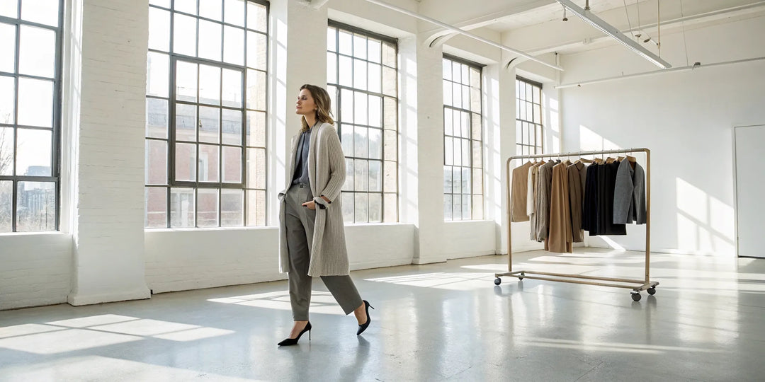 Cardigan long ouvert femme pas cher de couleur grise porté avec style.