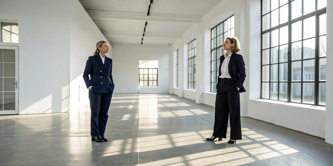 Comparing classy vs elegant style with two women in distinct, tailored outfits.
