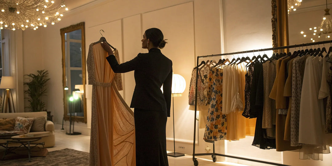 Styliste personnelle discutant du prix d'une robe avec une cliente pendant une séance de magasinage.