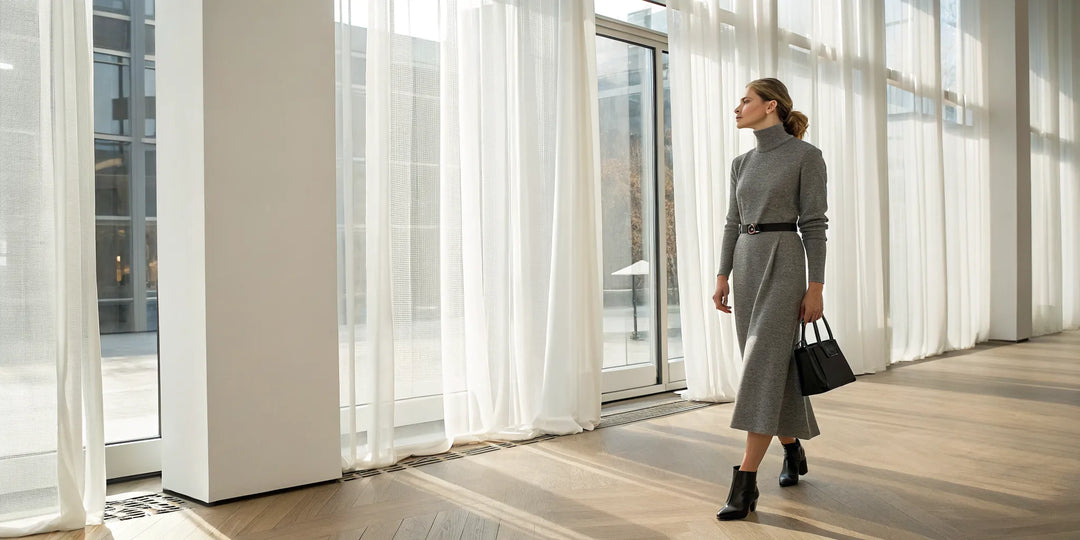 Femme en robe pull longue chic grise avec des bottines et un sac à main.