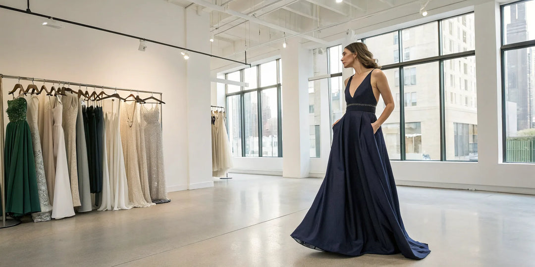 Robe de soirée bleu marine à encolure en V, idéale pour une morphologie en V.