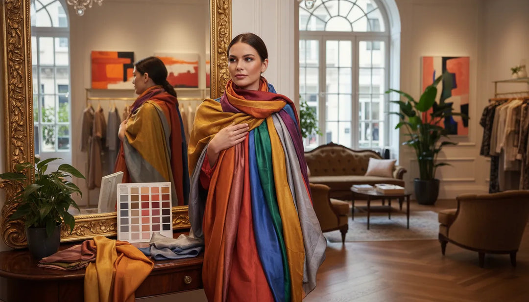 Femme comparant des tissus pour savoir comment connaitre sa colorimétrie