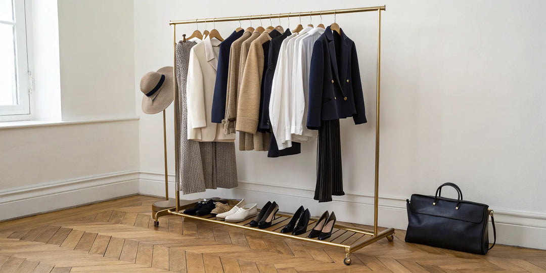Créer une garde-robe capsule avec des vêtements essentiels et des accessoires sur un portant.