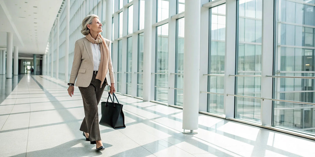 Femme de plus de 50 ans modernisant son style avec un blazer beige et un pantalon chic.