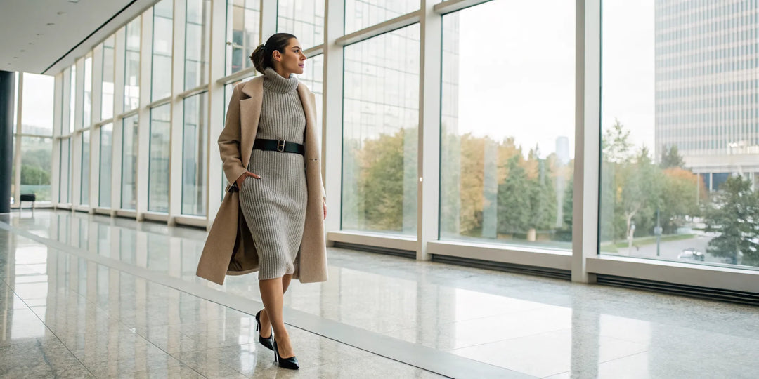 Femme portant une robe pull chic beige ceinturée avec un manteau long.