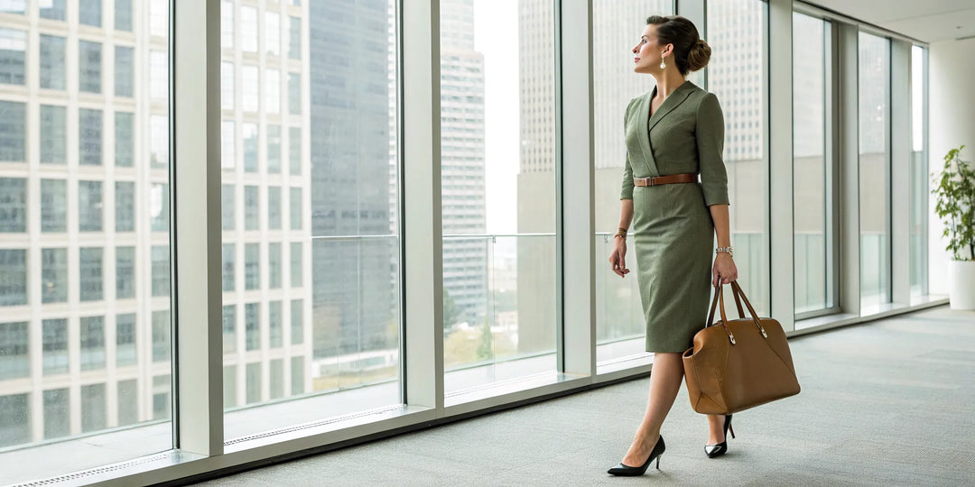 Tenue de bureau stylée avec une robe vert olive et un sac à main.