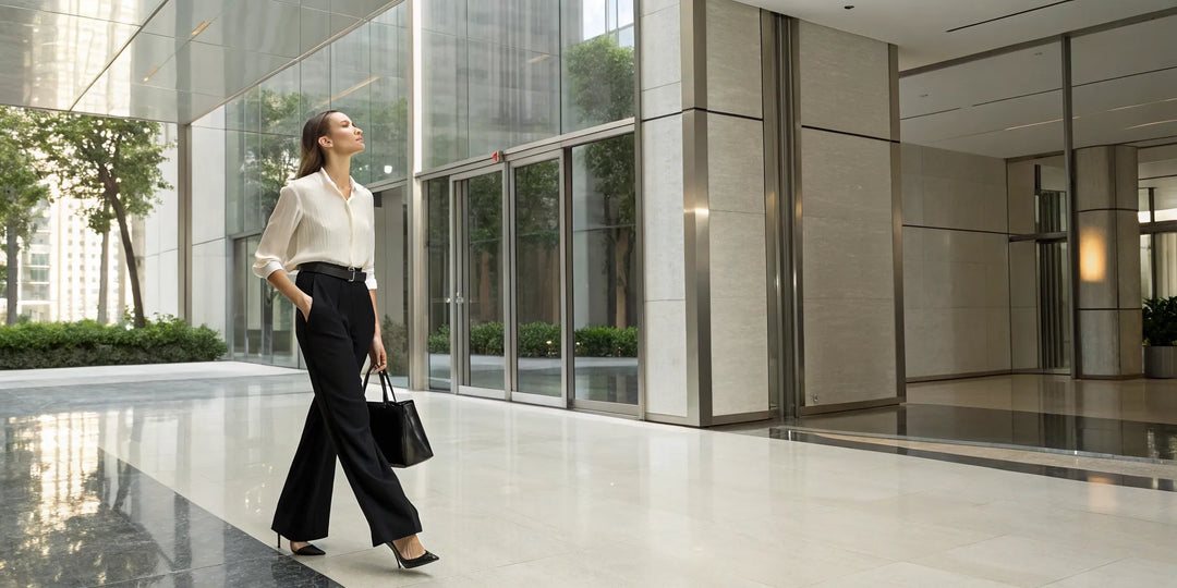 Comment porter le pantalon large femme au bureau avec un chemisier blanc et un pantalon noir.