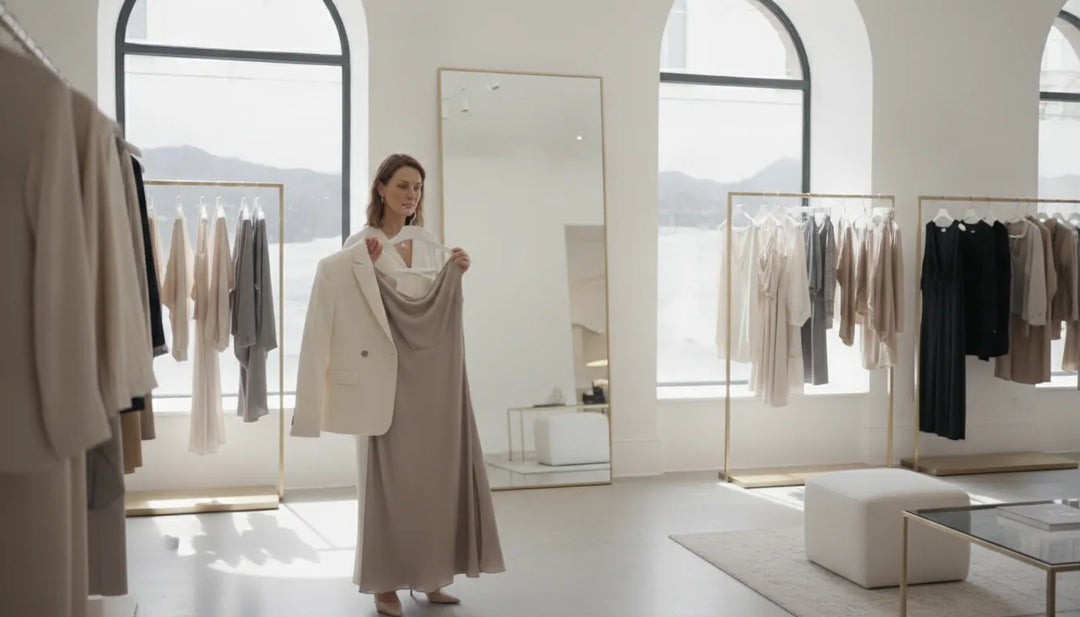Femme composant une tenue équilibrée devant un miroir