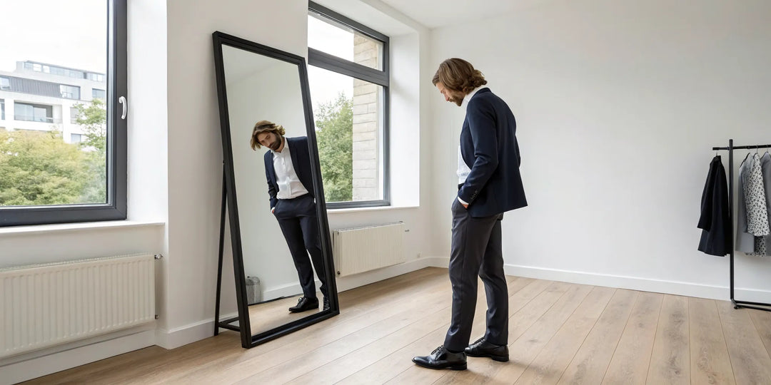 Homme en costume devant un miroir pour savoir si son vêtement lui va bien.