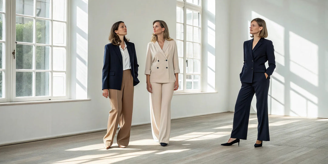 Trois femmes en tailleurs élégants pour s'habiller avec une morphologie en V.