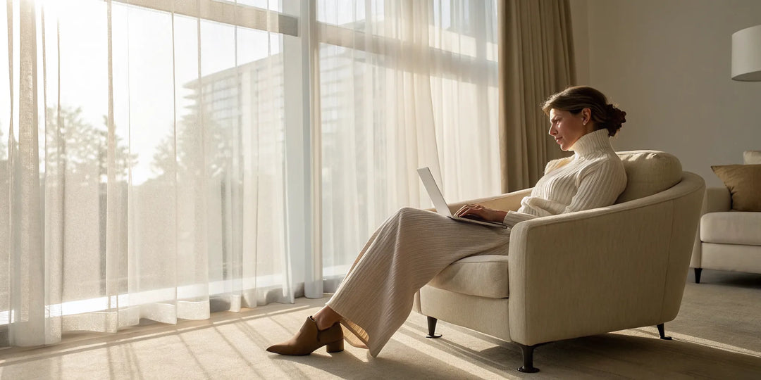 Femme en pull beige s'habillant en mode cocooning chic pour travailler confortablement à la maison.
