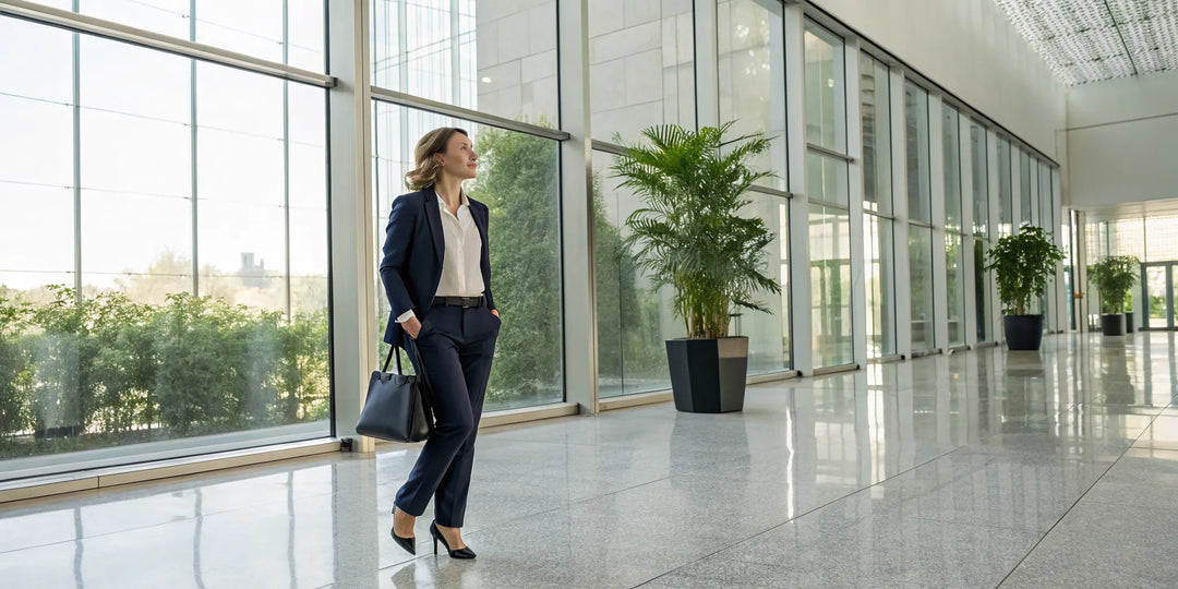 Femme en tailleur bleu marine, une tenue professionnelle pour un entretien d'embauche.