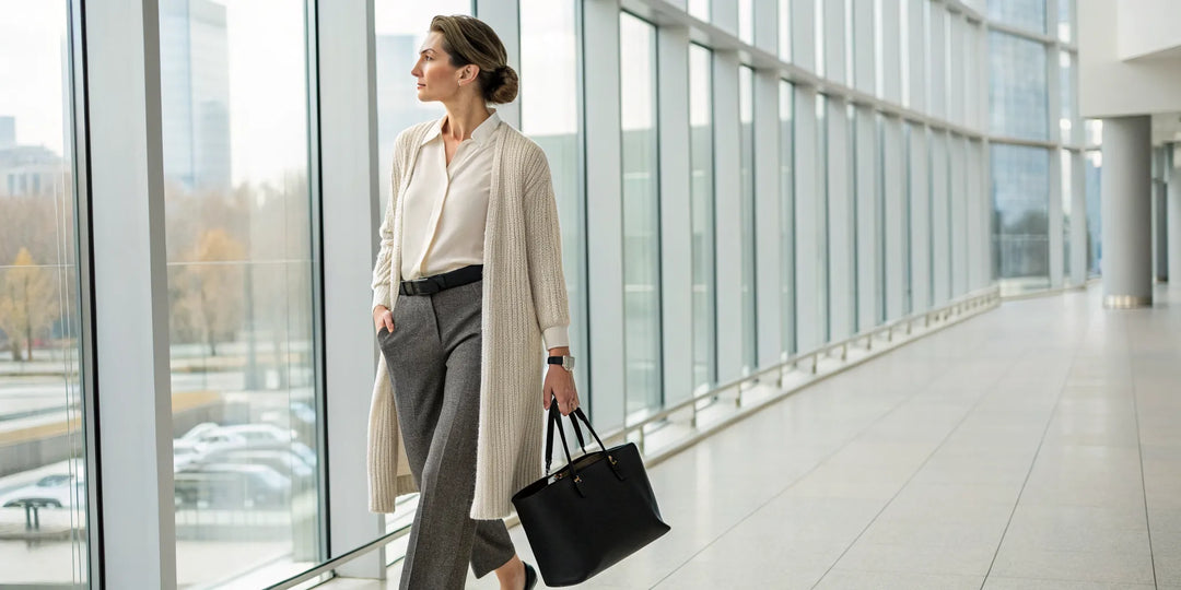 Femme stylisant un gilet long en maille pour une tenue de bureau chic et professionnelle.