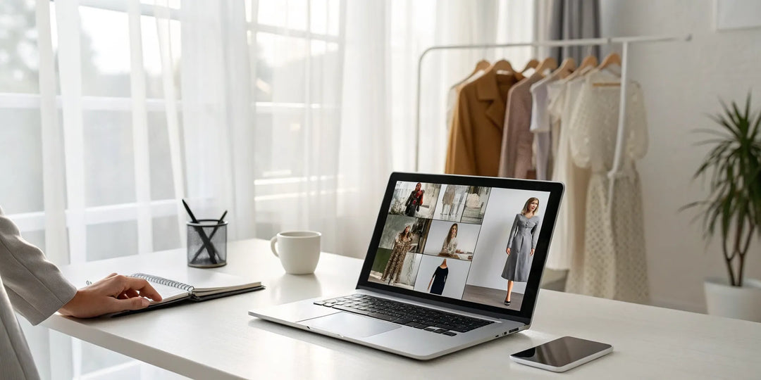 Consultation style en ligne sur un ordinateur portable avec des vêtements en arrière-plan.