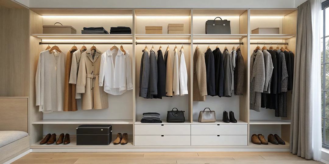 Créer une garde-robe fonctionnelle avec des vêtements neutres et des accessoires bien organisés.