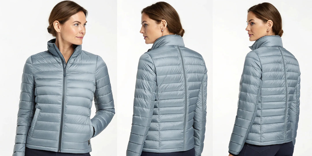 Doudoune femme légère cintrée gris clair avec matelassage horizontal.