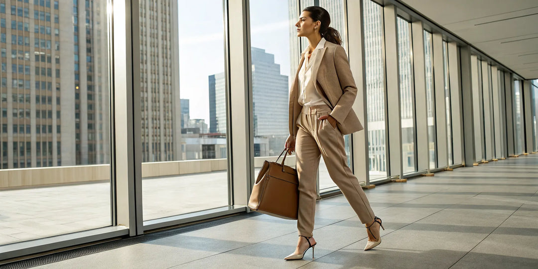 Femme portant un ensemble jogging chic beige, stylisé avec un grand sac à main.