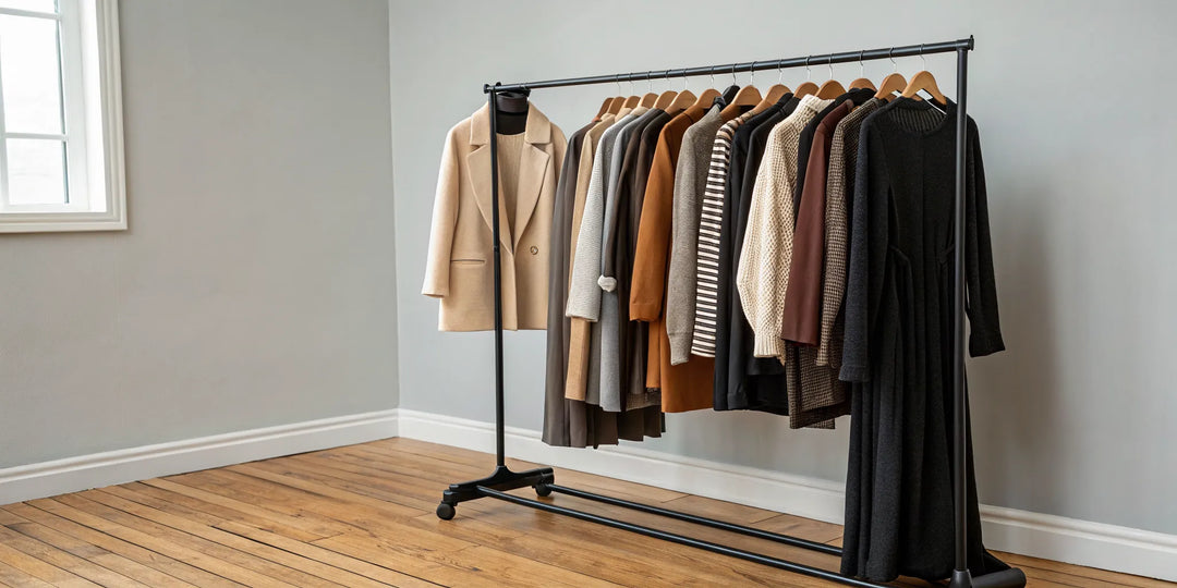 Vêtements neutres organisés sur un portant pour une garde-robe capsule d'automne.