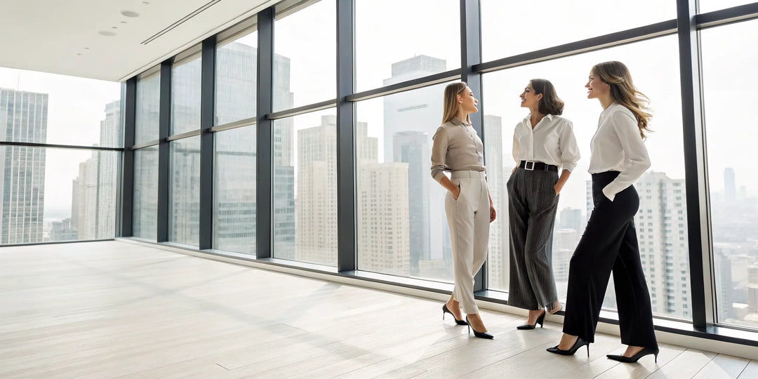 Différents styles de pantalon femme élégant pour le bureau portés par trois femmes.