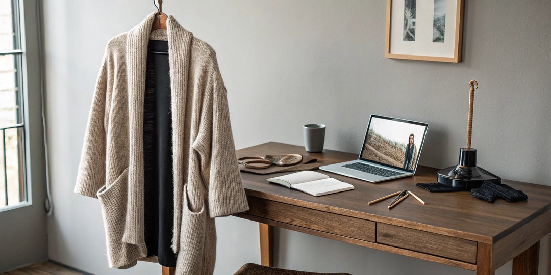 A beige oversized cocoon cardigan hangs near a laptop, ready to be bought online.