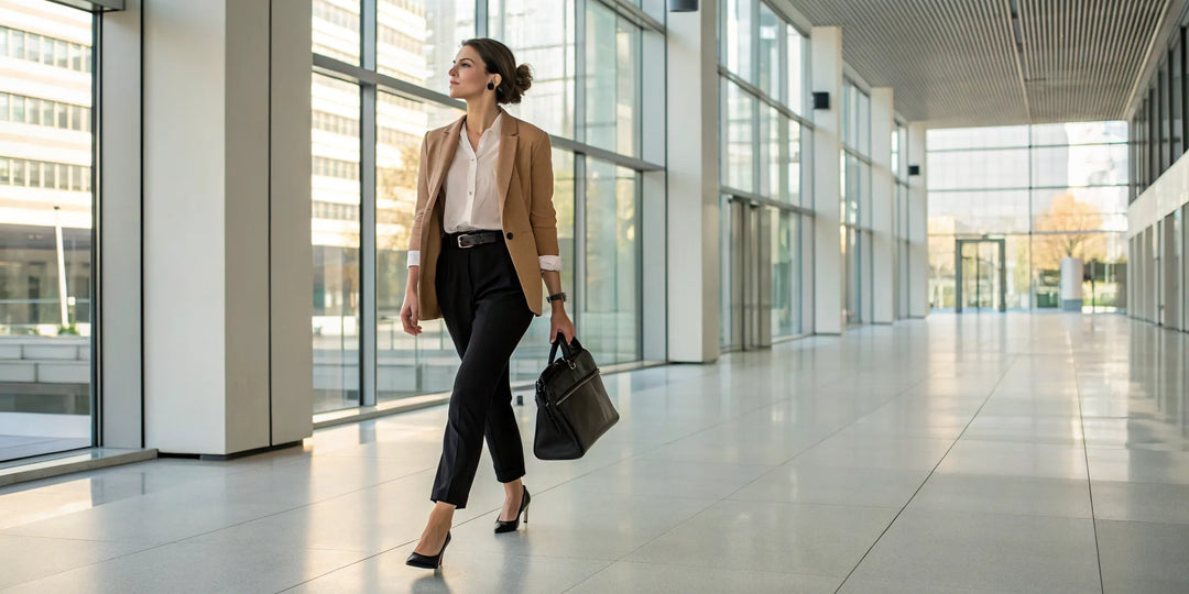A woman with a working girl chic look in a modern office.