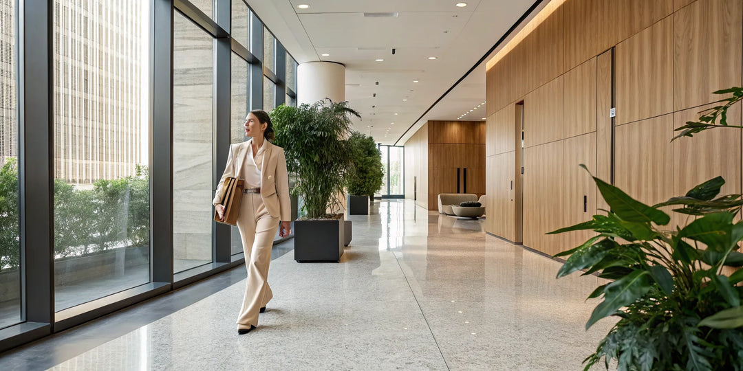 A woman in a neutral wide-leg pantsuit shows how boho is in style for 2026 in a modern office.