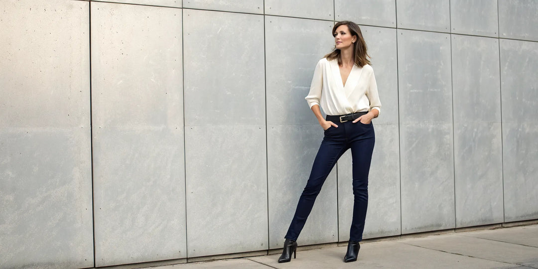 Femme avec une morphologie en V portant un jean qui équilibre sa silhouette.