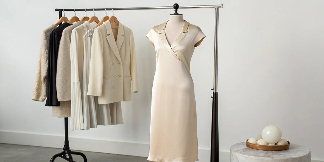 Robe en soie naturelle beige au style intemporel sur un mannequin.