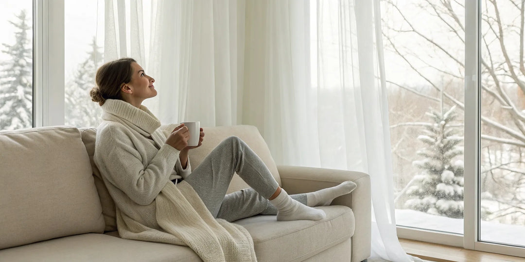 Femme en tenue cocooning d'hiver avec pull et chaussettes chaudes, relaxant sur un canapé.