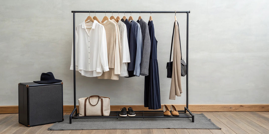 Vêtements de base neutres pour une garde-robe capsule, organisés sur un portant.