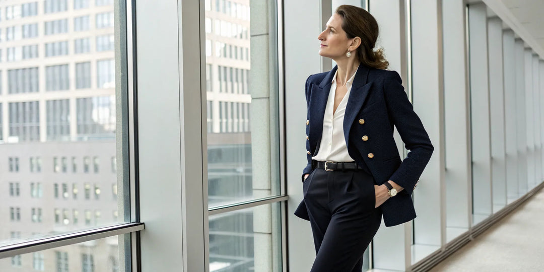 Femme portant un blazer bleu marine chic et élégant.