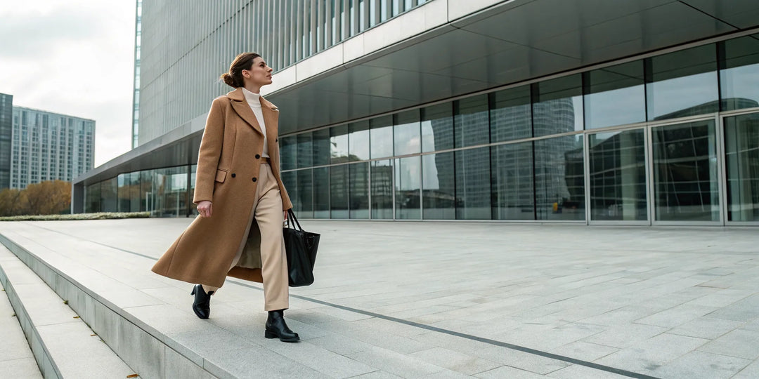Femme portant un manteau long en laine beige pour un look d'hiver élégant.