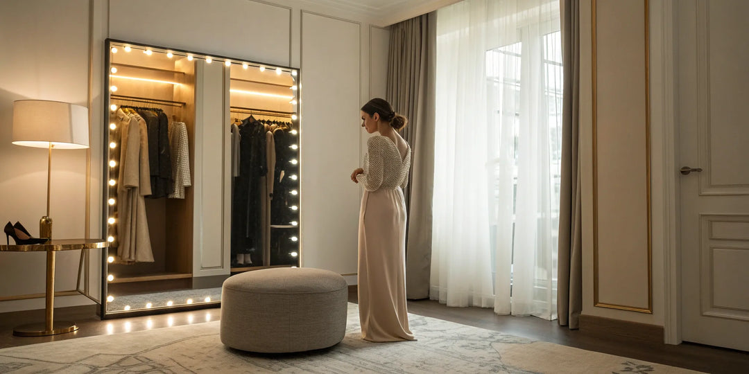 Service d'analyse de silhouette professionnel avec une styliste aidant une cliente dans un dressing.