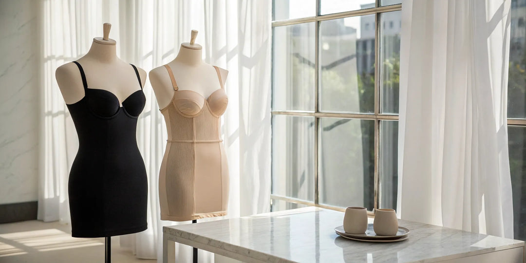 Sous-vêtements gainants noirs et nudes pour femme ronde présentés sur des mannequins.
