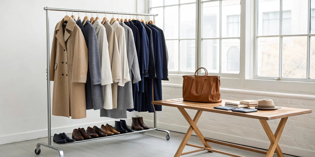 Portant avec des vêtements de qualité durable, incluant manteaux, chaussures et accessoires en cuir.