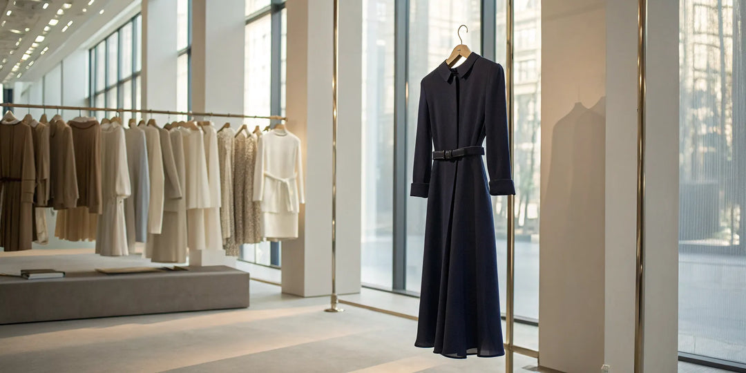 Robe de créateur indépendant à acheter, suspendue dans une boutique de mode.