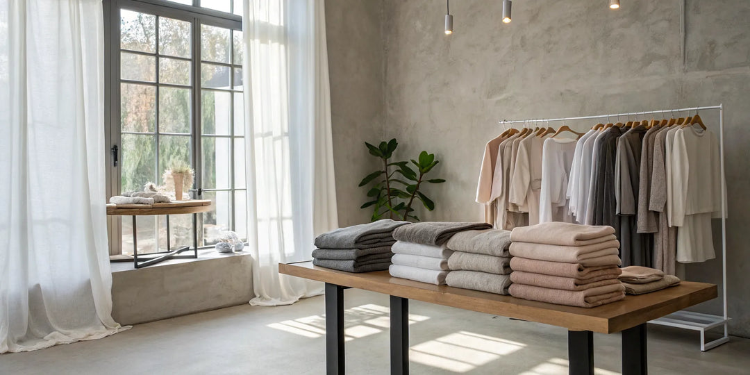 Plusieurs ensembles en coton ouaté pour femme de tons neutres à acheter dans une boutique moderne.