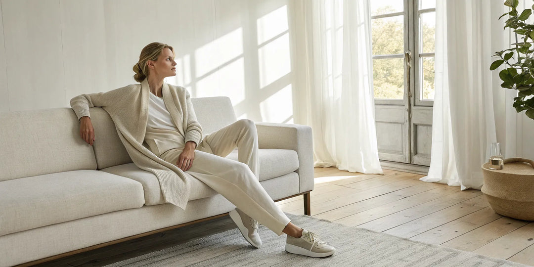 Femme portant l'ensemble cocooning beige idéal à acheter pour se détendre.
