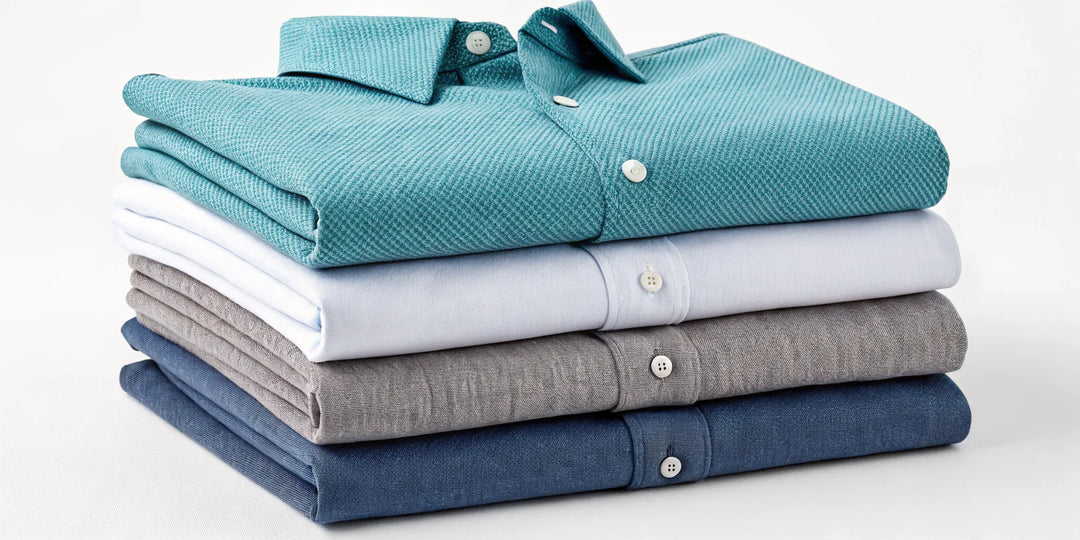 Guide pour trouver mes couleurs de vêtements avec une pile de chemises colorées.